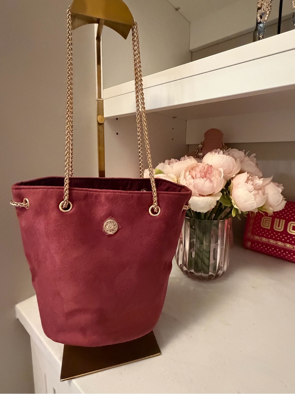 AZZARO Parfums Quilted Cosmetic Tote gold chain in Deep Wine GWP
